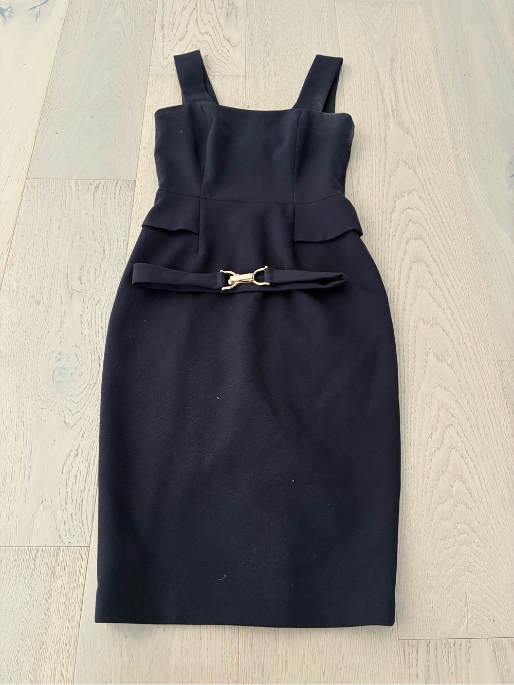Black Square-Neck Midi Sheath Dress with Decorative Belt